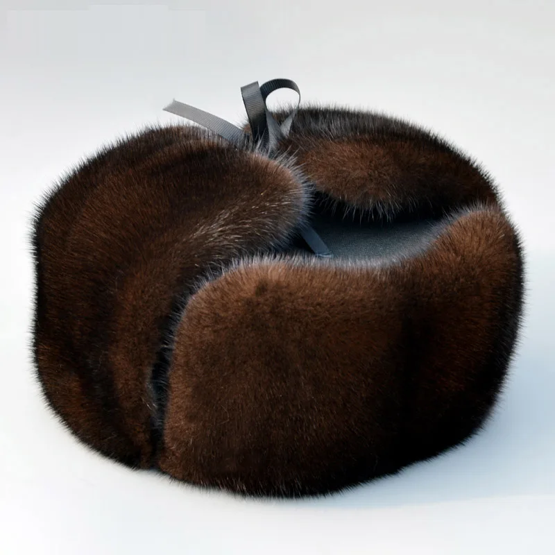 Autumn and winter Men's Mink Fur Hats Russian male quality black mink hair ear Real leather  hat mad bomber hat mens