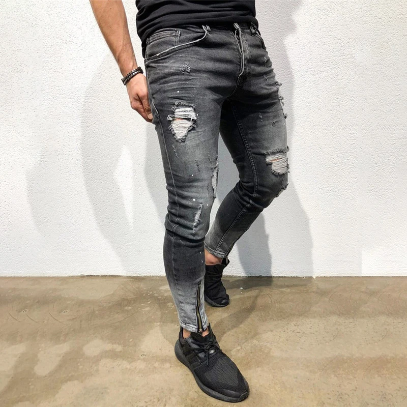 New Men Ripped holes jeans Zip skinny biker jeans black jeans with Pleated patchwork slim fit hip hop jeans men pants