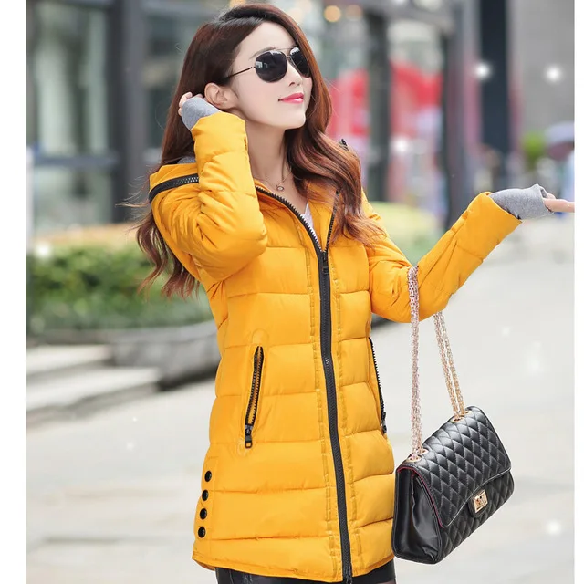Женщин зимнее теплое пальто с капюшоном плюс размер конфеты одежда хлопка ватник женские длинные парки женские пальто теплая мода женская одежда - Цвет: Цвет: желтый