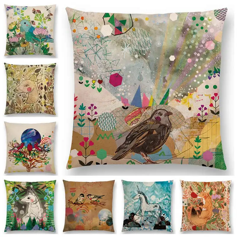 

Floral Fantasy Fairy Tale Wonder World Cushion Cover Dreamscape Animals Deer Bird Fox Unicorn Owl Flowers Sofa Throw Pillow Case