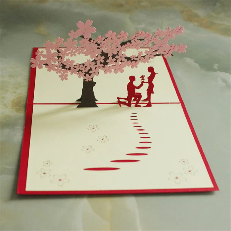 

WCIC 3D Pop Up Greeting Postcards Birthday Laser Cut Cards Cherry Blossoms Greeting Card Vintage Marriage Invitation Gift Cards