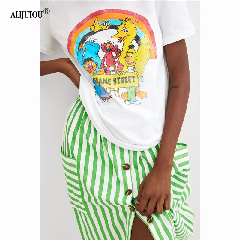 zaraing crossover Sesame Street T-shirt 2019 Summer Fashion Print Female T-shirt White Cotton Women Tshirts Casual Harajuku Top