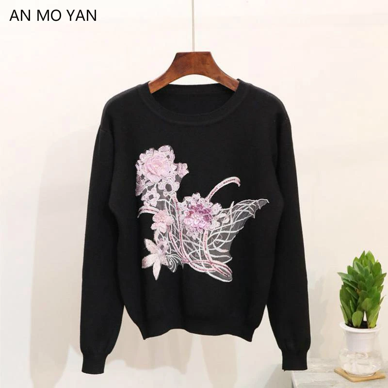 Fashion Beaded 3d Stereo Flower Collage Harajuku Women's Sweater Sweet Style Long-sleeved Stretch Loose Pullover Sweaters Women | Женская