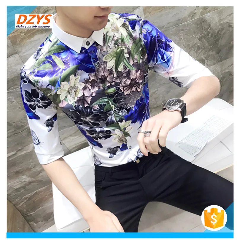 2018 men's Summer dress trend Youth Night shop short sleeve thin floral shirt06
