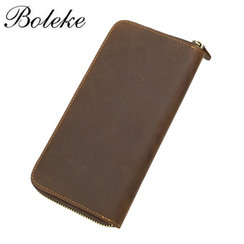 

Full Grain Cow Genuine Leather Wallet Men Crazy Horse Leather Bifold Long Clutches Retro Double Zipper Clutches for Man 1020-3