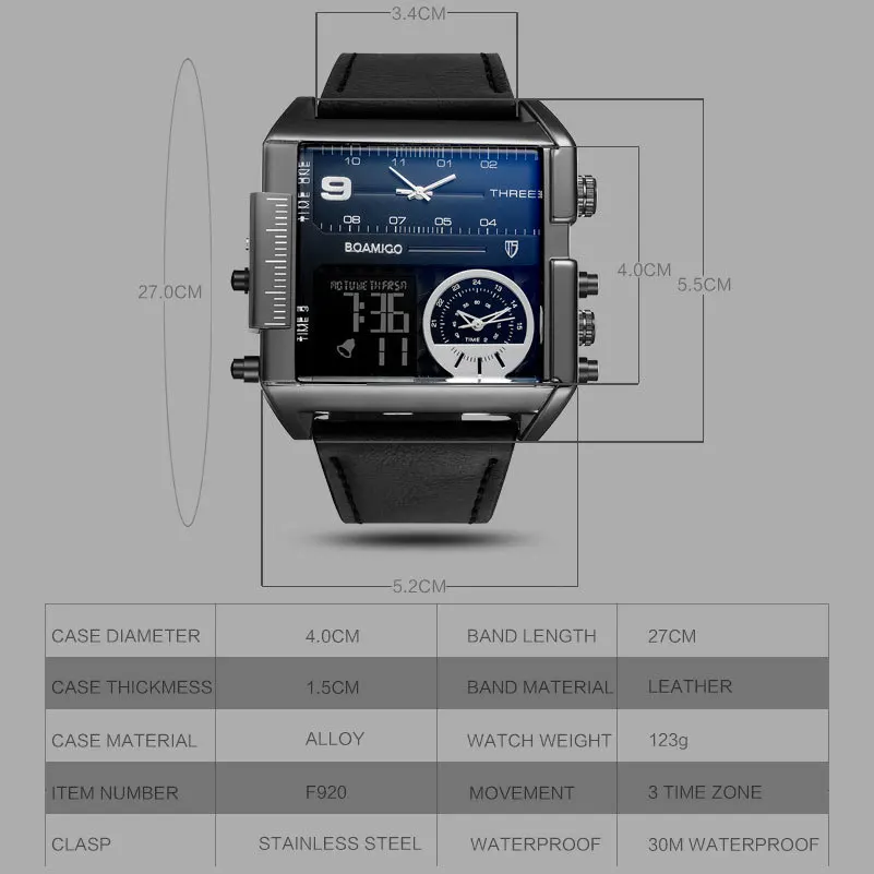 BOAMIGO, большие квадратные спортивные часы для мужчин, три часовых пояса, мужские часы, модные кожаные мужские часы, кварцевые аналоговые цифровые наручные часы