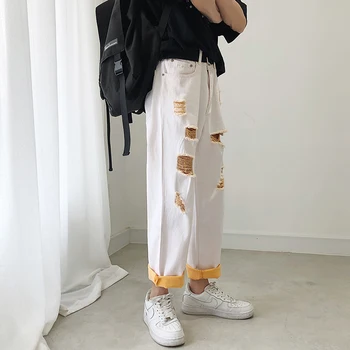 

Men's 2019 hole jeans summer new straight loose nine points hole jeans young people personality fashion trend men's clothing