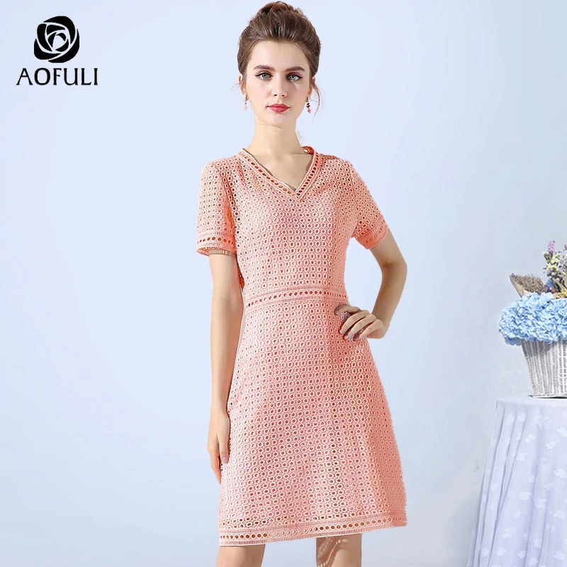 AOFULI S XXXL 4XL 5XL Hollow Out Pink Lace Dress Plus Size Summer Short ...