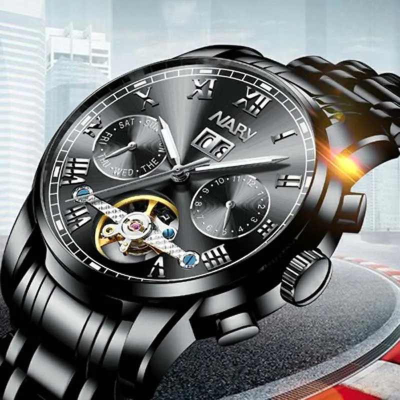 

Top Brand Luxury Men Watches NARY Automatic Mechanical Multifunction Watches Luminous Watches Stainless Steel Tourbillon Watches