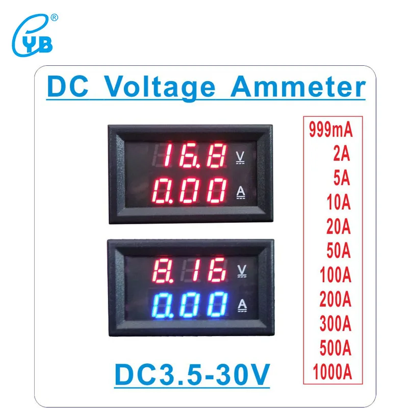 

YB27VA DC3.5-30V Voltmeter Ammeter Wide Range Voltage Current Meter DC999mA 2A 5A 10A 20A 50A 100A 200A 300A 500A 1000A