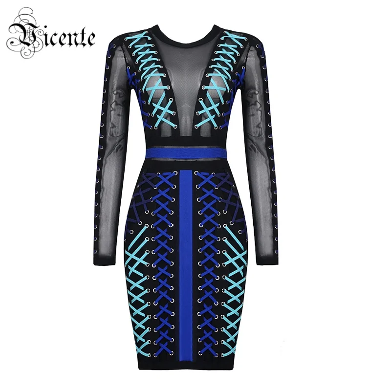 

Vicente HOT 2019 New Luxe Heavy Work Chic Ombre Strings Lace Up Mesh Patchwork Wholesale Women Celebrity Party Bandage Dress