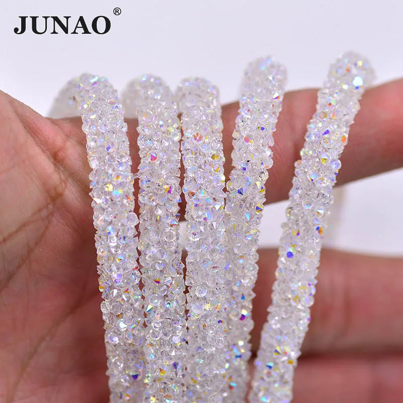 

JUNAO 1Meter Transparent AB Crystal Tape Resin Rhinestones Ribbon Belt Stones Crystal Wristband Accessory Strass Pipe for Crafts