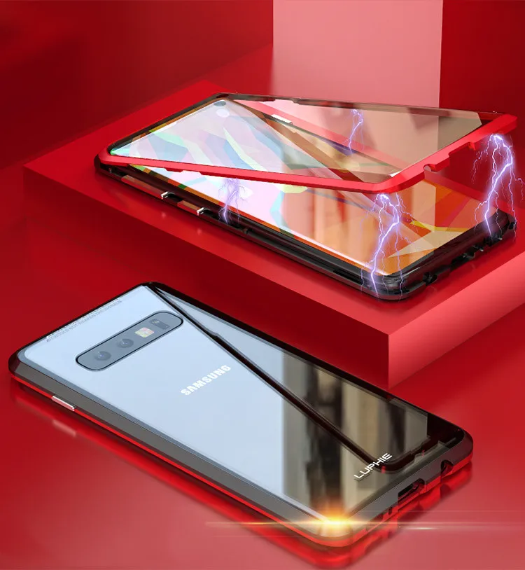 Black Red 360 полный защитный Магнитный адсорбционный чехол для samsung Galaxy S10 S9 Plus переднее и заднее закаленное стекло Полное покрытие экрана - Цвет: Black Red