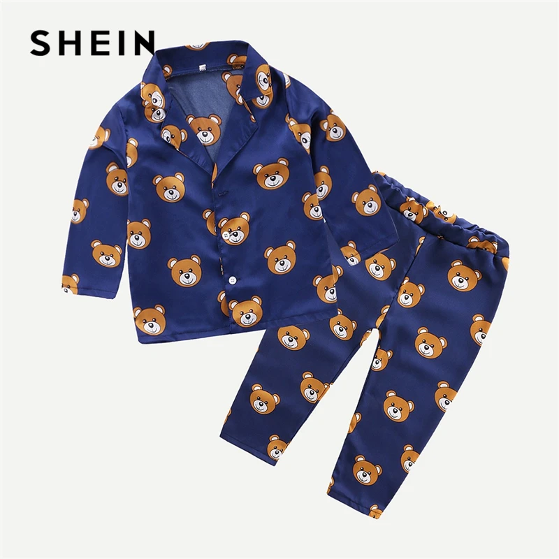 

SHEIN Kiddie Button Cartoon Bear Print Shirt With Pants Pajama Sets Boys Nightwear 2019 Spring Long Sleeve Casual Sleepwear Set
