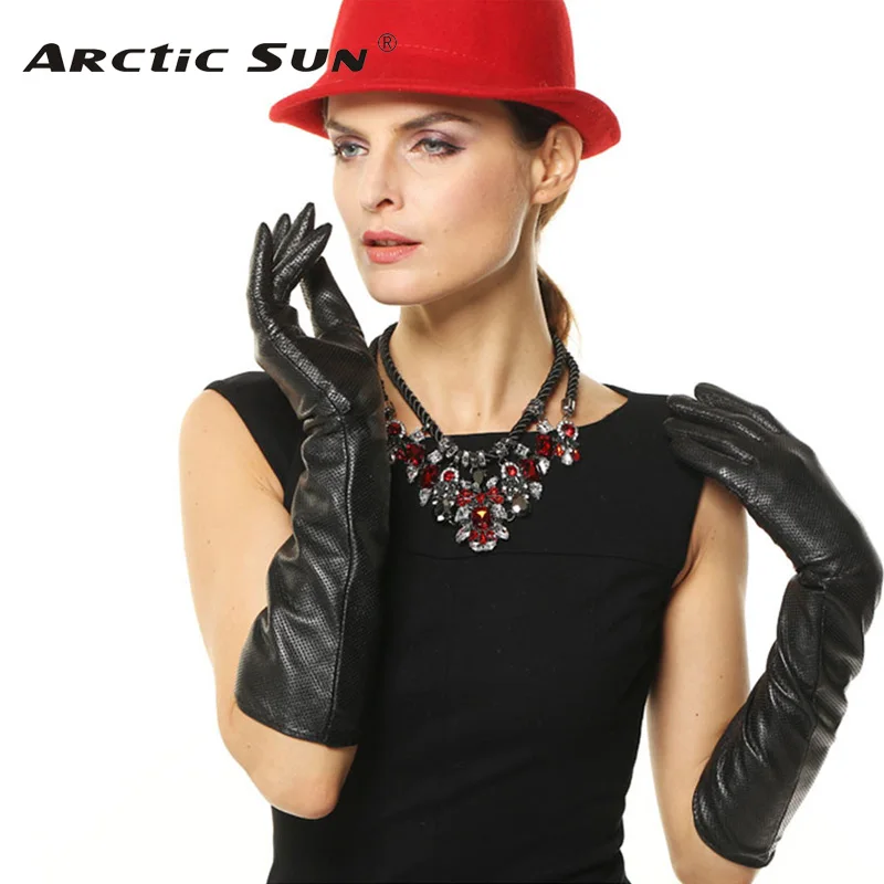 Black Women long style Genuine leather gloves breathable warm winter elbow sheepskin gloves fashion women driving gloves