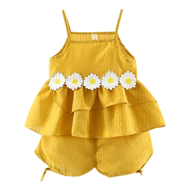 

NewCotton Solid Color 1-3Y Childern Summer Fashion Concise Cute Sleeveless Camisole&shoer Pants Set Flower Decor Baby Girl Set