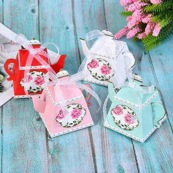 

DIY 50pcs 4color Creative Teapot Shape Sweet Candy Box With Ribbon DIY Retro Rose Printed Sugar Box Wedding Party Favor Gift Box