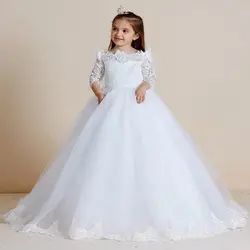 Белое кружево и тюль Принцесса Платье в цветочек для девочек трапециевидной формы с короткими рукавами для девочек платье для первого