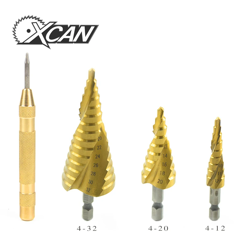 

XCAN 1set Step drill bits 4-12/20/32mm HSS Spiral Grooved center drill bit solid carbide + 1 pc 130mm center pin punch drill