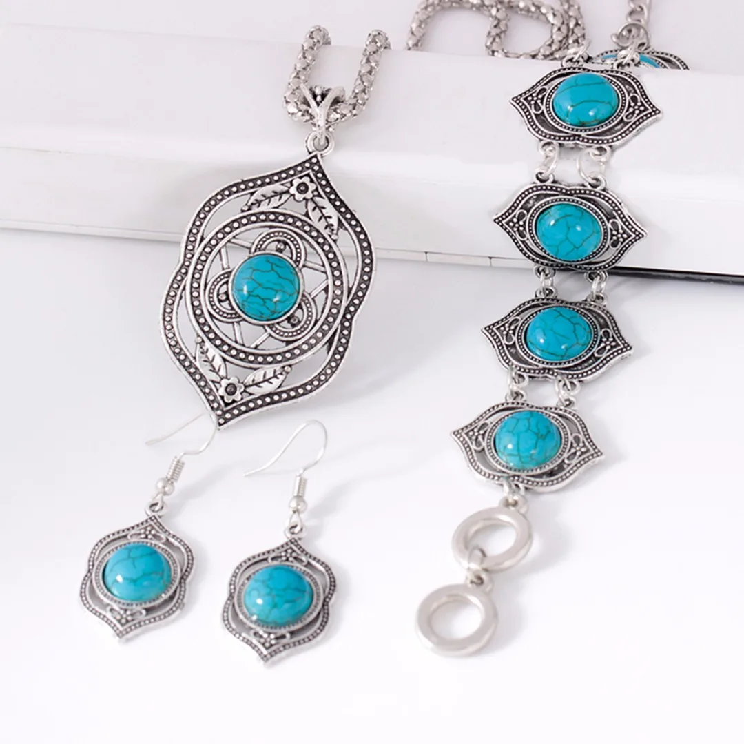 Retro Ethnic Natural Green Stone Pendant Necklace Bracelet Dangle Earrings Jewelry For Women Beach Wedding Jewelry Shellhard