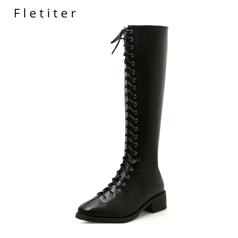 Флисовая зимняя обувь; осенние сапоги до колена на шнуровке; женская модная черная кожаная обувь на квадратном каблуке; Лидер продаж; размеры 34-40 - Цвет: Black boots