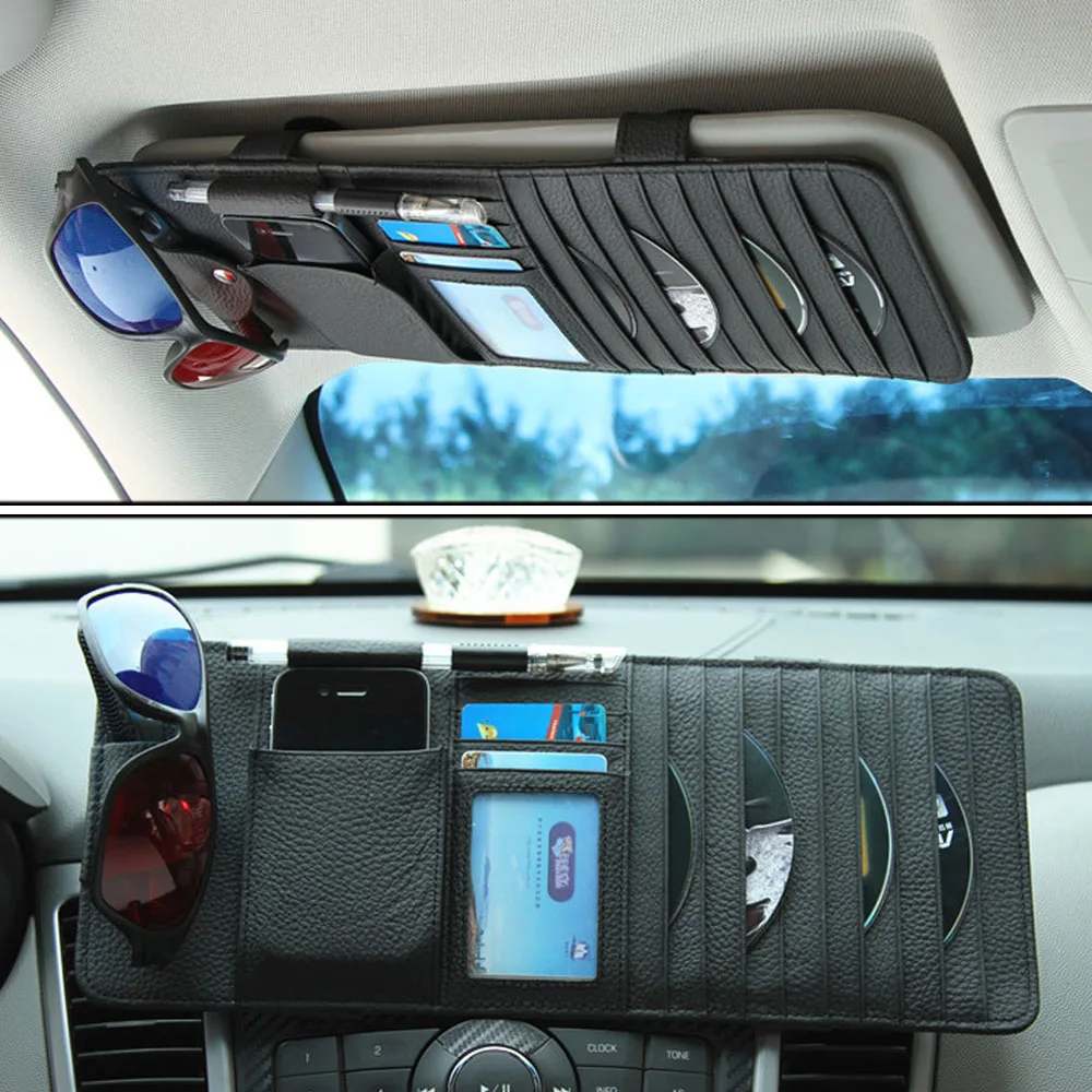 Genuine Leather Multifunction PU Car Sun Visor Storage Bag Auto Glasses Ticket Documents Folder Mobile Phone Organizer
