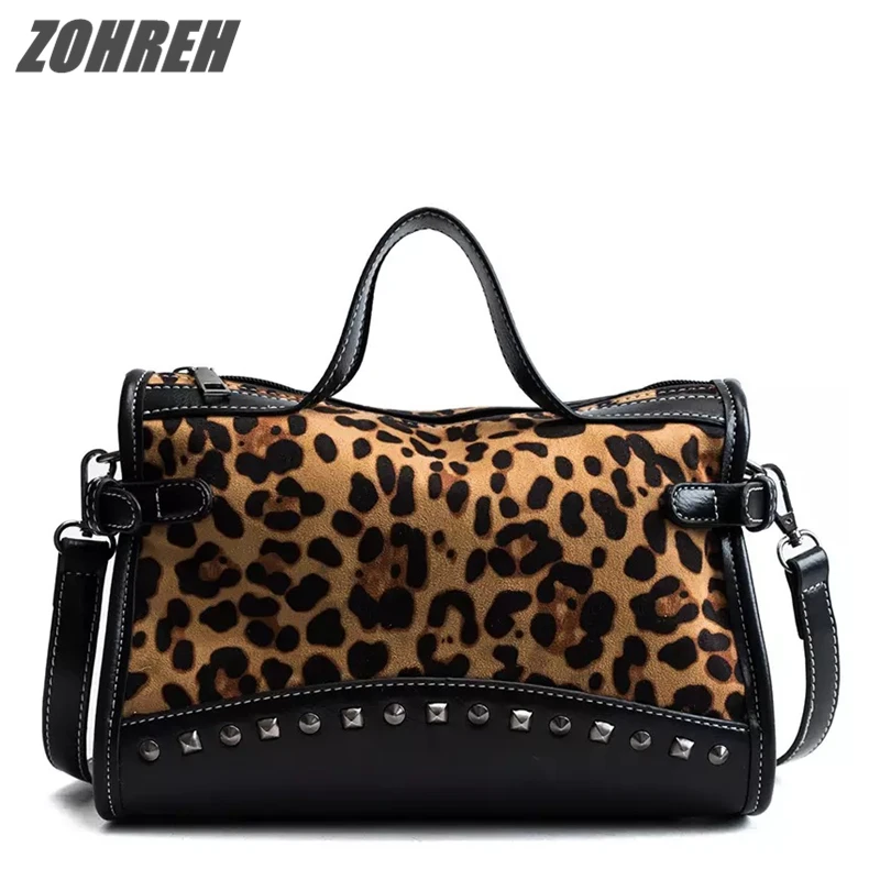 

Leopard Motorcycle Bags Brown Vintage Nubuck Leather Ladies Handbags Rivet Large Shoulder Messenger Bag Female Top Handle Bags