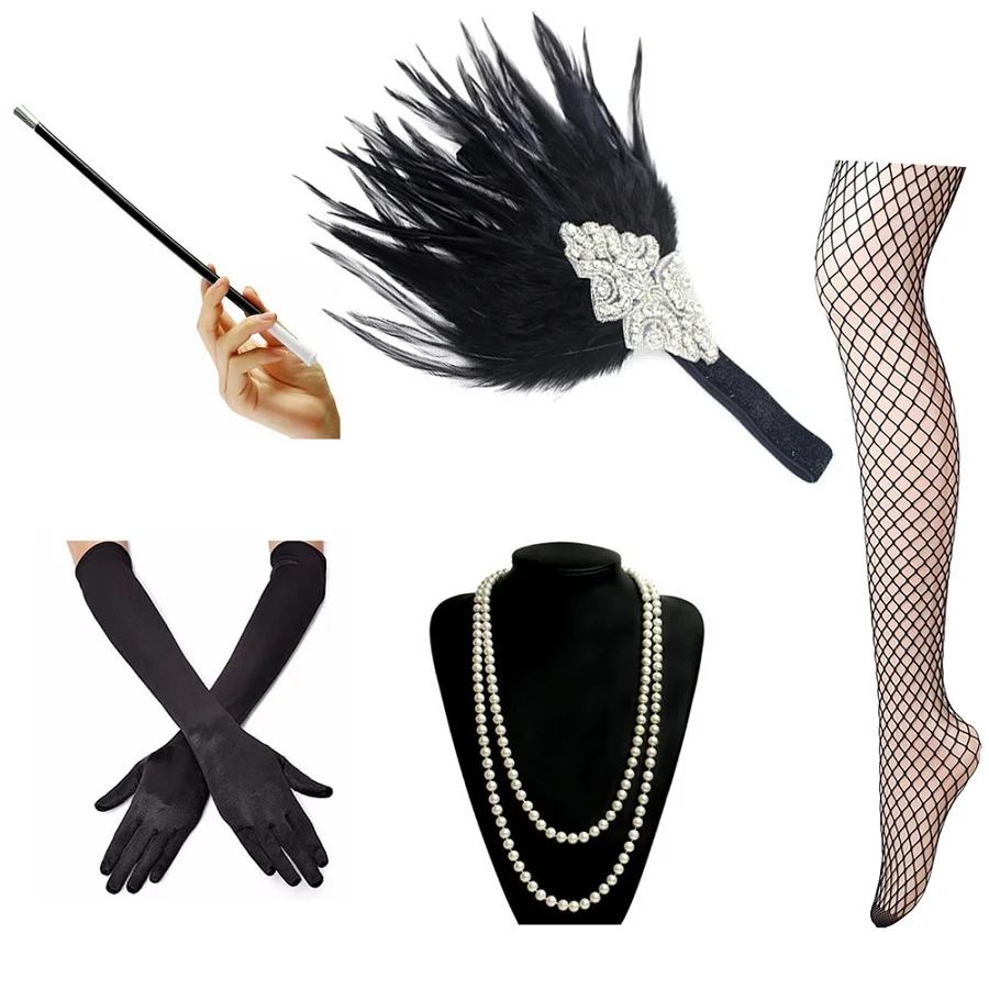 Набор аксессуаров 1920 s, повязка на голову с перьями, жемчужное ожерелье, длинные перчатки, колготки, держатель для сигарет, праздничный костюм Гэтсби - Цвет: 5 pack-210-black