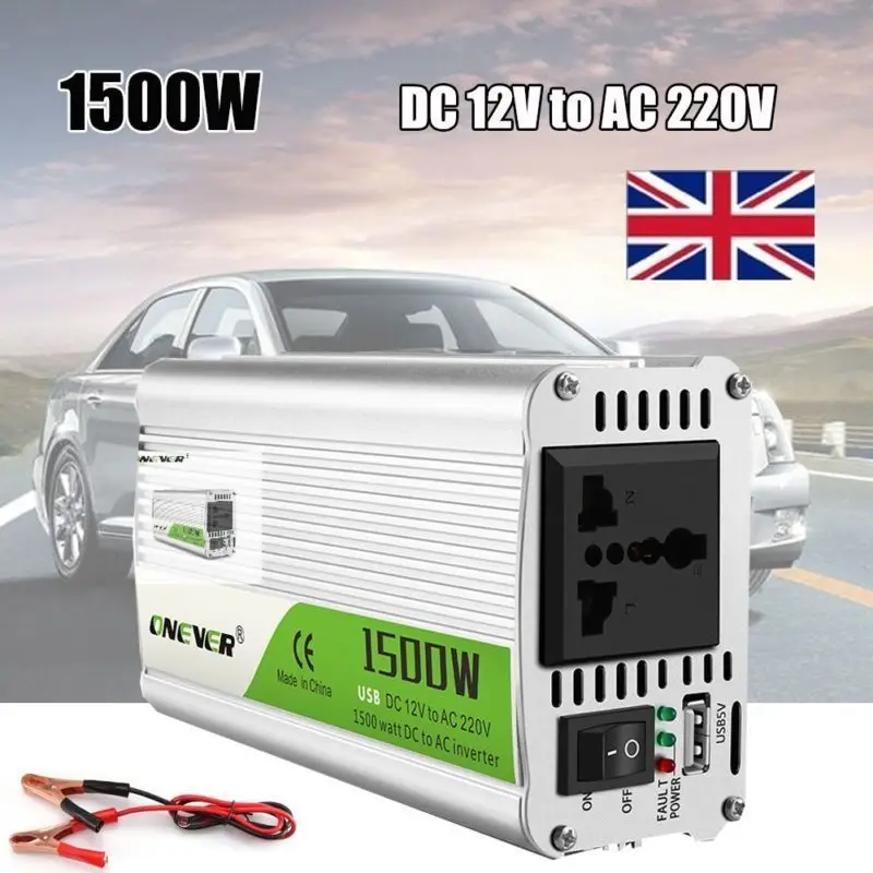 

Car Inverter DC 12V to AC 220V 1500W Power Converter with LED Indicator Light Cigarette Lighter Outlet Buzzer Alarm