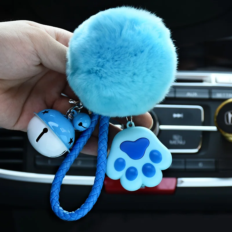 

Rabbit Fur Ball Pom Pom Keychain Leather Rope LED Cat Claw Key Ring Women Bag Car Fluffy 8cm Fur Ball Pompons Pendant Key Holder