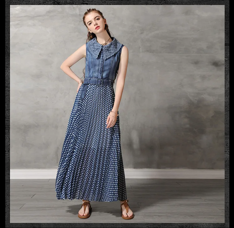 Vintage Summer Long Dress Women Sleeveless Turn Down Collar Blue Dot Patchwork Chiffon Denim Dresses W/ Belt