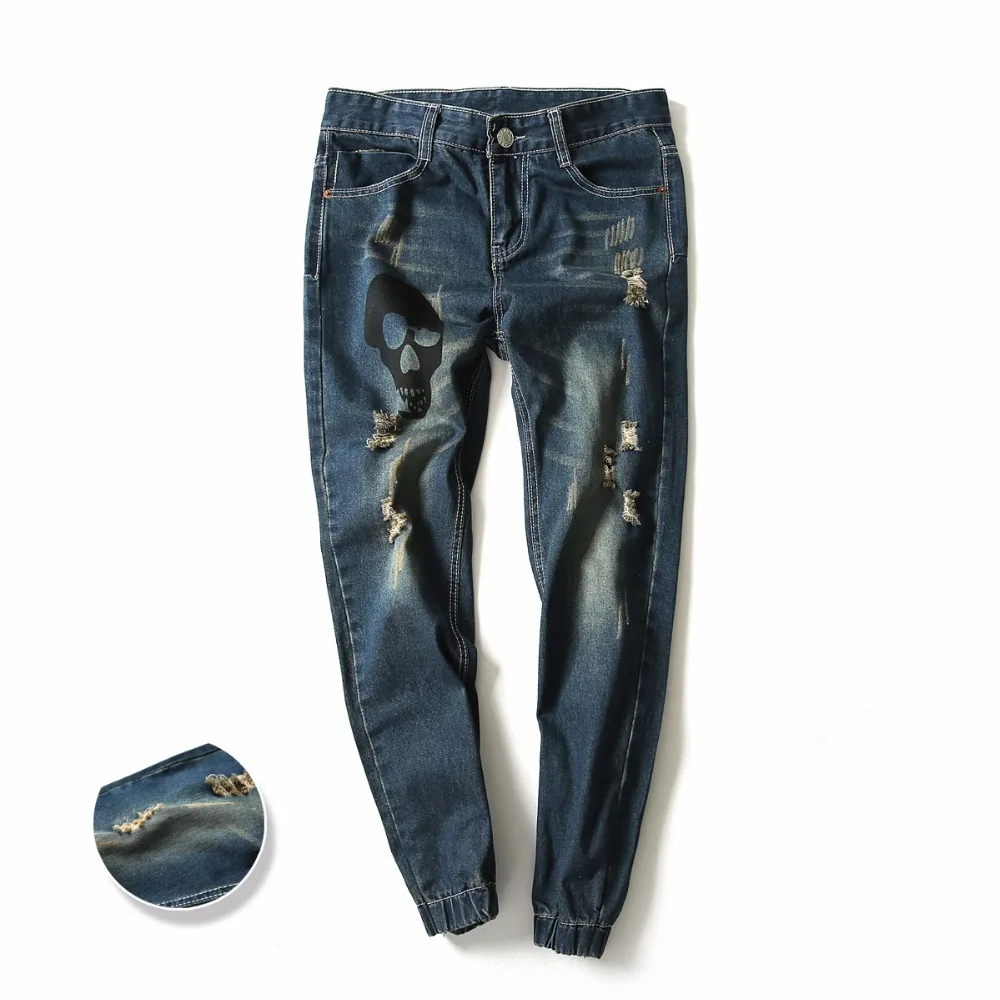 

2019 Hip-Hop Men Jeans Masculina Casual Denim Skull Prints Men'S Slim Jeans Pants Brand Biker Jeans Hole Ripped Jeans