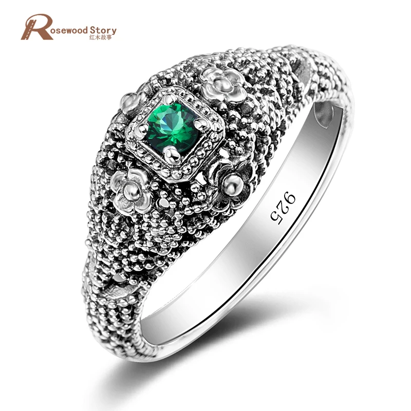 

Trendy Charms Flower Rings Vintage Green CZ Stone Austrian Crystals Engagement Ring Wedding Gift 925 Sterling- Sliver-Jewelry