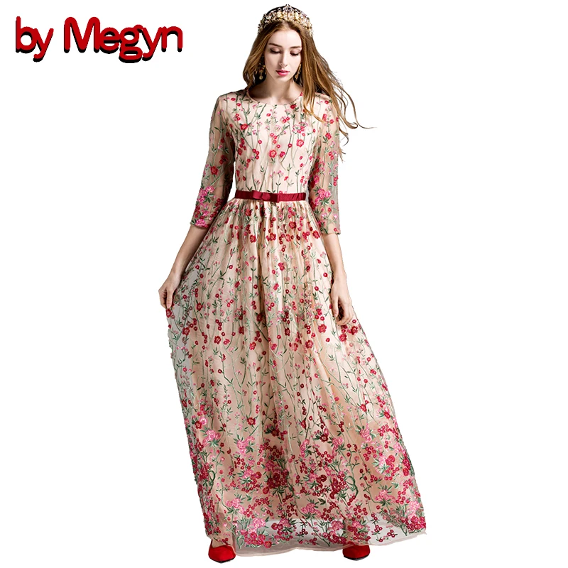 

by Megyn 2019 Fashion Runway Maxi Dress Women Elegant long Sleeve Floral Embroidery Vintage O-neck high quality party long dress