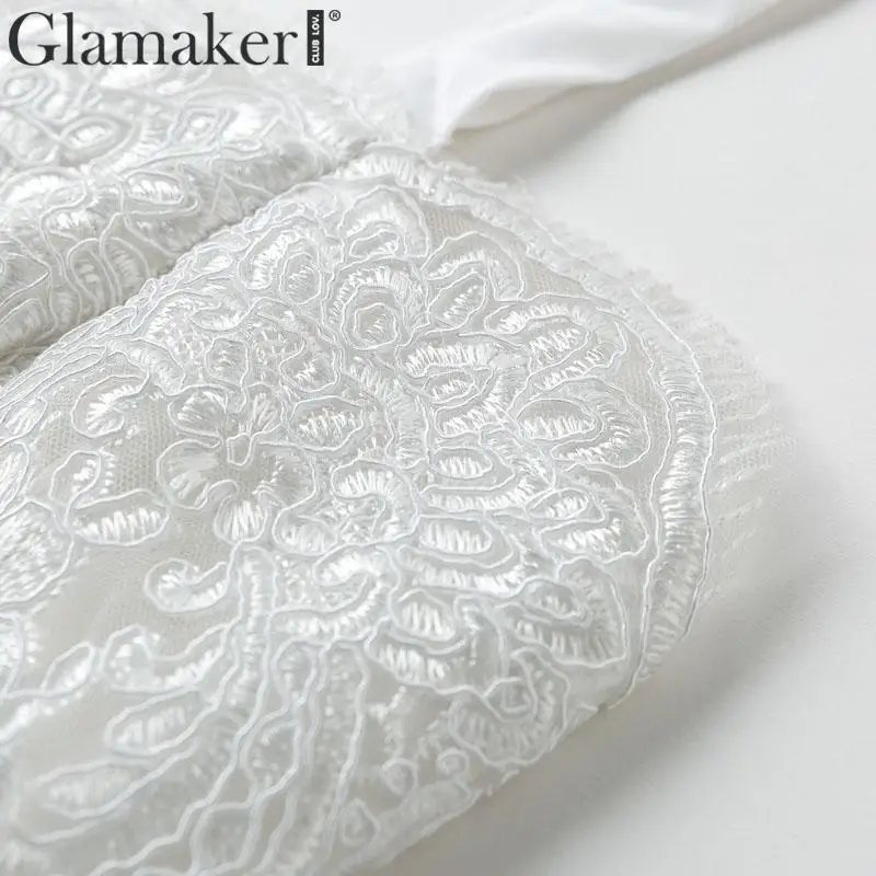 Glamaker, сексуальный сетчатый прозрачный сарафан с вышивкой, женское элегантное белое вечернее платье, летнее облегающее платье с высокой талией, платья без рукавов