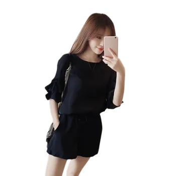 

2018 Korean Summer Female Casual O-Neck Short Petal Pollover Sleeve Tops + Shorts Drawstring Two-piece Set Women's Suit Suit Set