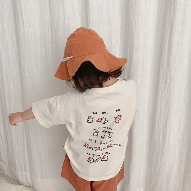 Свободные футболки в Корейском стиле с короткими рукавами и рисунком гуся для маленьких девочек, повседневные топы из чистого хлопка, футболки, одежда