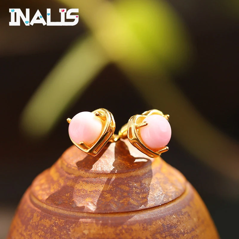 

INALIS Simple Design S925 Sterling Silver Stud Earrings Heart Shape Cute Pink Crystal Brincos for Women Party Fine Jewelry Gift