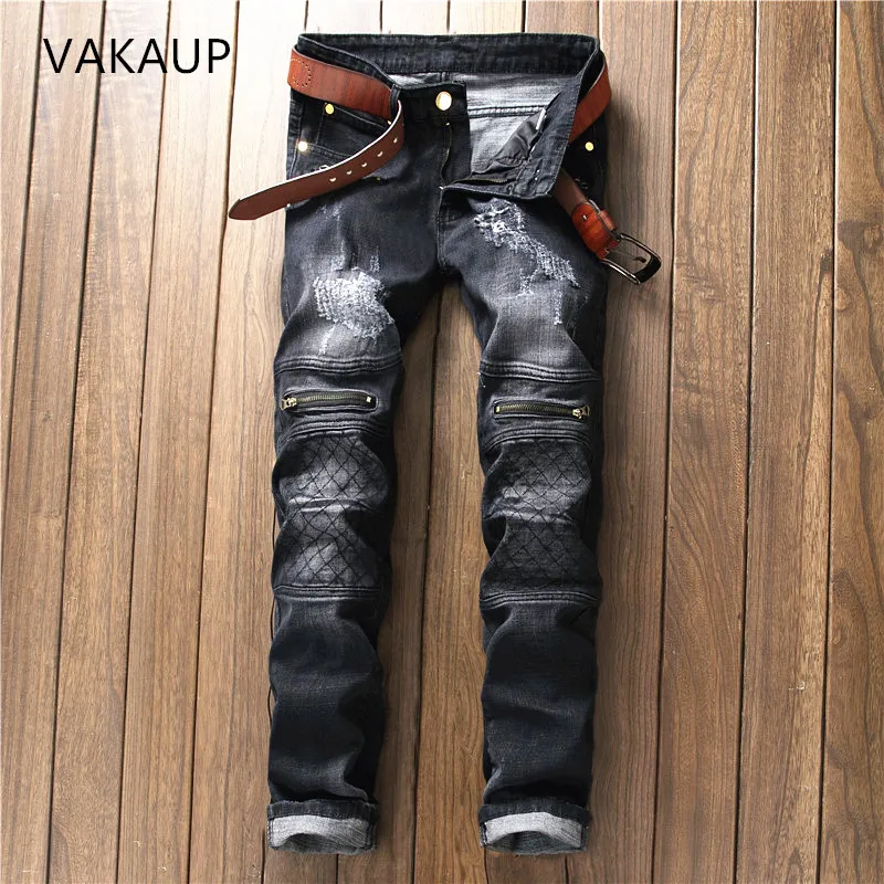 Mens Jeans Denim Pants Clothes Ripped Big Size Cotton Black Slim Fit Motorcycle Biker skinny Jeans Men Vintage Distressed Jeans