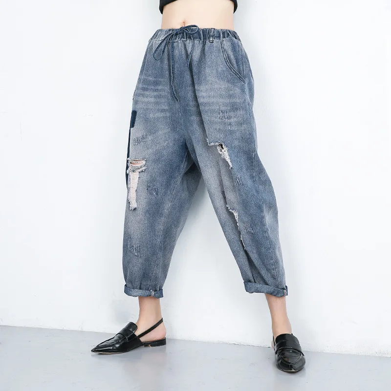 

Johnature 2019 Summer Elastic Waist Hole Large Size Full-length Jeans Pants Patchwork Harem Fashion Women Denim Pants New