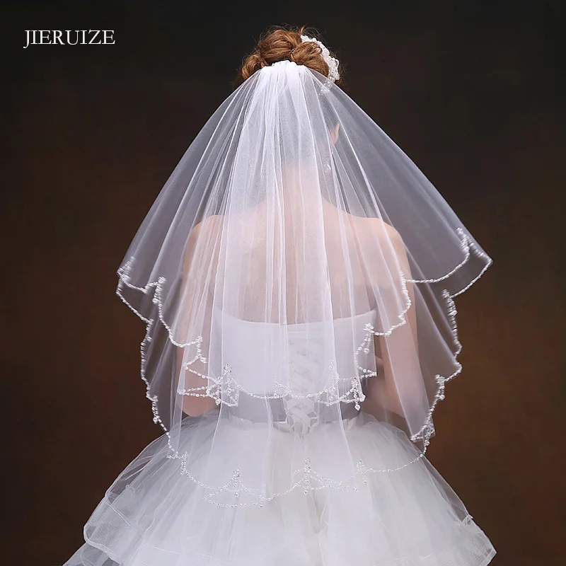 

JIERUIZE Beaded Edge Wedding Veils With Comb Two layers Pearls Short Bridal Veil Wedding Accessories