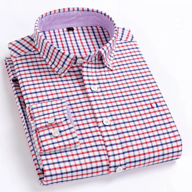 Aoliwen brand men Oxford Long Sleeve Shirt plaid stripe solid 100%cotton high quality casual oxford shirts spring autumn clothes