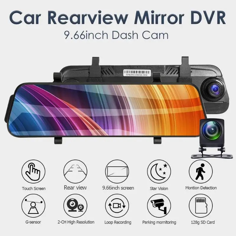

L9602 Dash Cam 9.66 inch Car Rearview Mirror DVR Camera 1080p Front+720p Rear Dual Lens Night Vision Driving Video Recorder