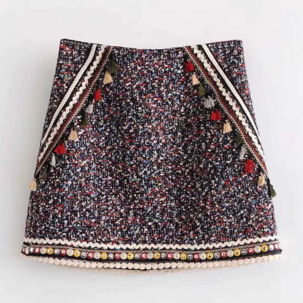 

ANSFX Vintage Ethnic Mix Color Tassel Weave Patchwork Mini Skirt Fashion Women Slim Soft Woolen A-Line Short Skirt Brand