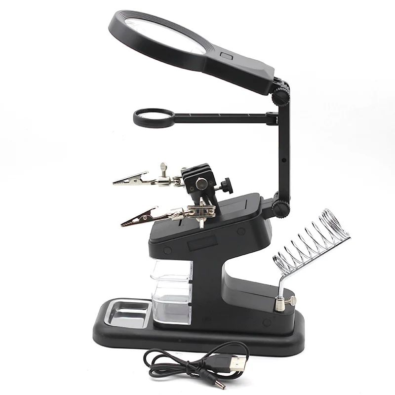 조정 가능한 세 번째 손 도구 납땜 스탠드, 용접 돋보기 led 악어 클립, 360 도 회전, 3X 4.5X