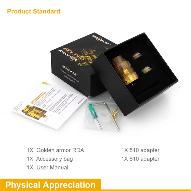 Аутентичный Serisvape Golden Armor RDA 26 мм Pure PEI с изоляторами PEEK контроль воздушного потока
