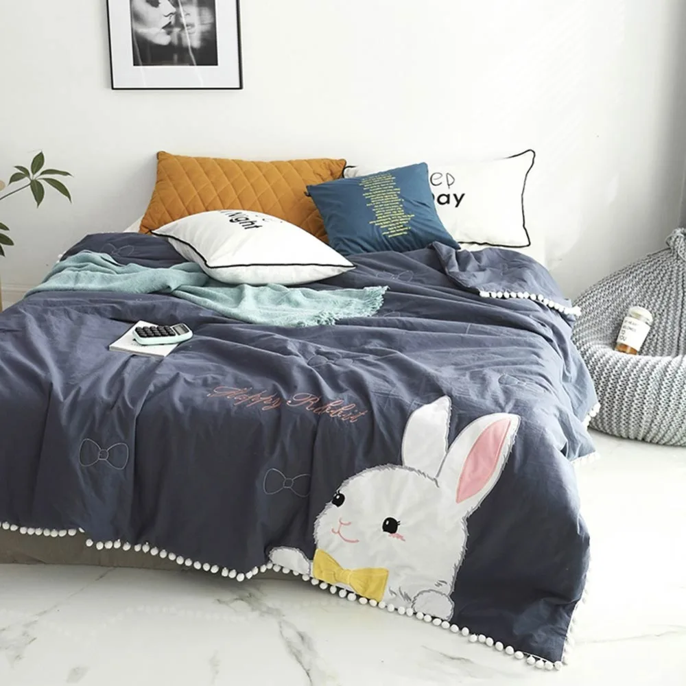 

2019 Dark Blue Grey Bunny Thin Summer Quilt Air-condition Embroidery Comforter Washed Cotton Fabric Polyester Queen Size