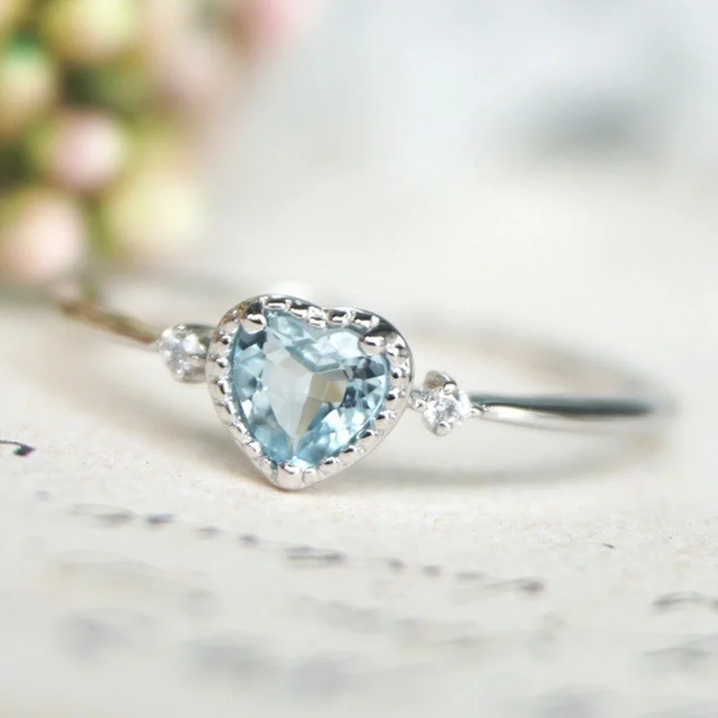 

KingDeng Heart Rings for Women Gifts Sea Blue Ring Inlaid Navy Blue Heart-shaped Engagement Jewelry Love Ring Boho Gothic 2018