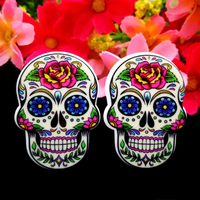 

40pcs/Lot 37x27mm Skull Resin Planar Flatback Mexican Sugar Skull Flat Back DIY Hair Bows Center Phone Case Handmade Materials