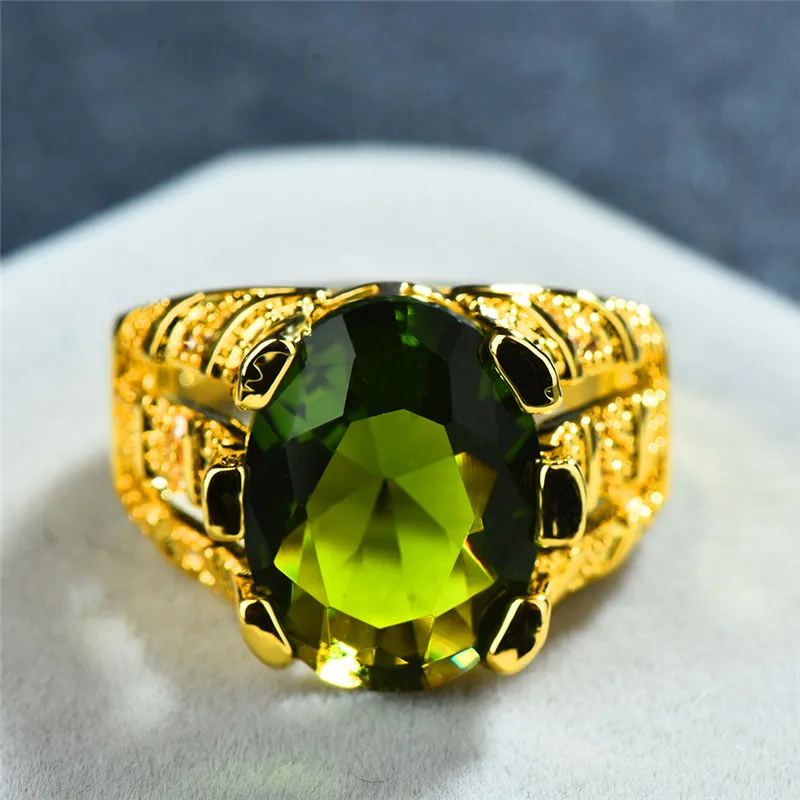 Великолепное мужское кольцо из золота с Перидотом, овальное кольцо на палец, роскошное кольцо с большим кристаллом, циркониевым камнем, обручальные кольца для мужчин